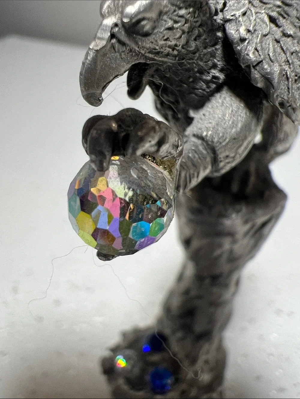 Handcrafted Pewter Grifftin Sculpture with 4 Iridescent Crystal Accent Rare